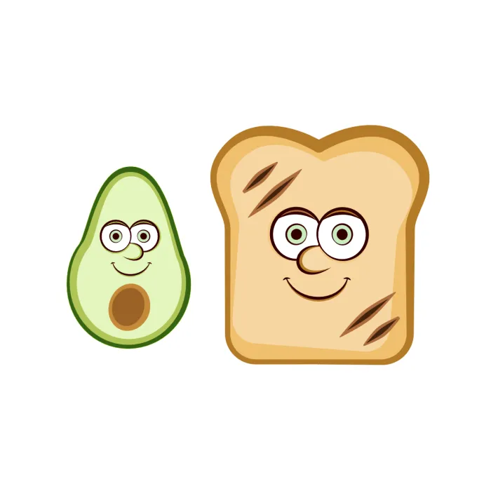 Olly Jolly Better Together eCard. Illustrative cartoon of a green ripe open avocado and a piece of brown toast with cartoon faces.