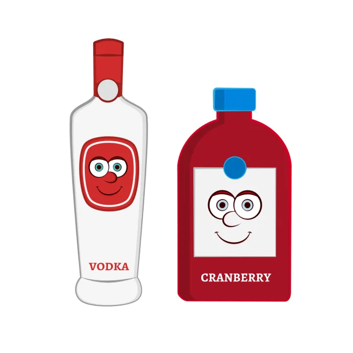 Olly Jolly Better Together eCard. Illustration of a red and white bottle of vodka and a red bottle of cranberry juice with cartoon faces.