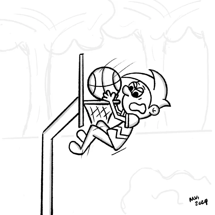 OllyJolly, Illustration picture of a cartoon character successfully dunking a basketball into a basketball hoop outside in the park.
