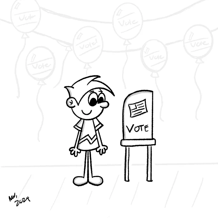 OllyJolly ecard Cartoon illustration of a cartoon character standing in front of a voting booth about to vote, surrounded by balloons and go vote stickers and decorations.