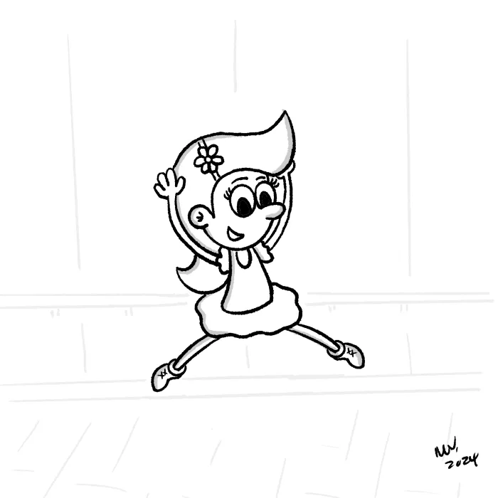 Cartoon eCard of Illustration of a cartoon character jumping and doing ballet in a studio with a happy expression and full of joy.
