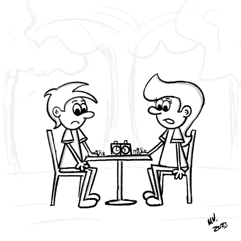 Olly Jolly eCard. Two cartoon illustrations of people playing a game of chess or checkers in the park. One winning while talking with each other in a park setting.