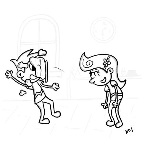 Olly Jolly eCard. Two cartoon illustrations of people where one person is throwing a cake at another while laughing as the other one has cake on their face falling backwards with a shock expression.
