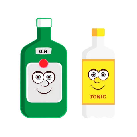 Olly Jolly eCard. Illustration of a green bottle of gin and a yellow bottle of tonic with cartoon faces.
