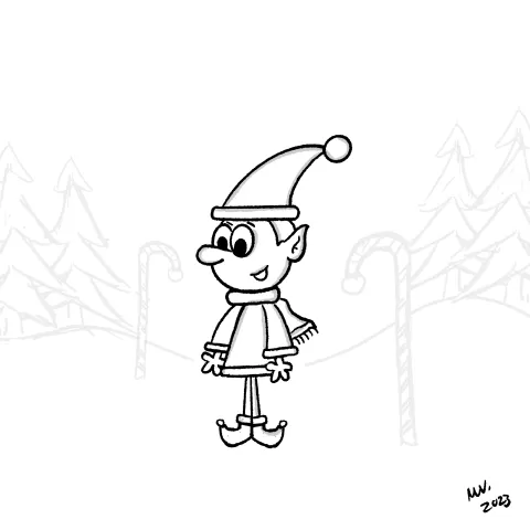 Olly Jolly eCard. Cartoon illustration holiday elf in a winter wonderland setting, smiling and happy.