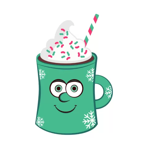 Olly Jolly eCard. Illustration green mug of hot chocolate with snowflakes pattern, red and green sprinkles and straw with whip cream with a cartoon face.