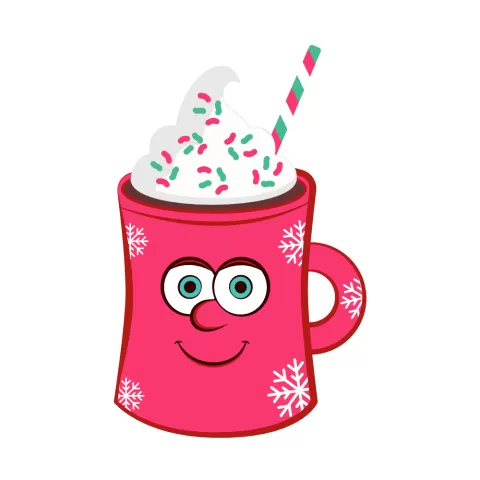 Olly Jolly eCard. Illustration red mug of hot chocolate with snowflakes pattern, red and green sprinkles and straw with whip cream with a cartoon face.