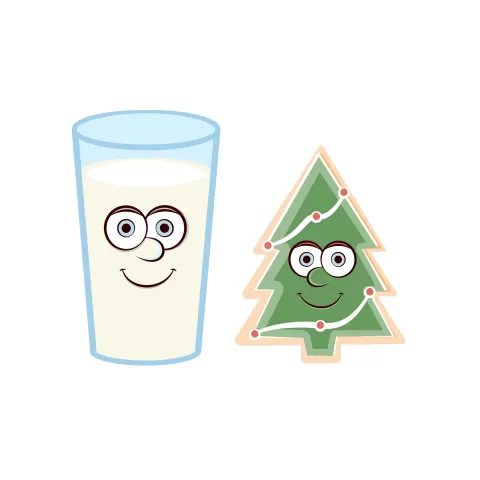 Olly Jolly eCard. Illustration of a glass of milk with a sugar cookie in the shape of a green Christmas tree with cartoon faces.