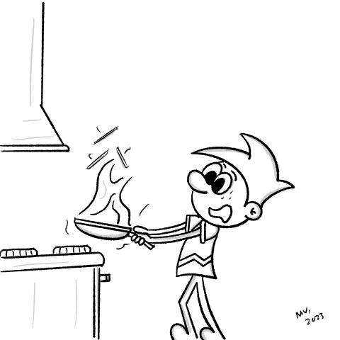 Olly Jolly eCard. Cartoon illustration of a person cooking pancakes on a stove while holding a frying pan that is on fire.