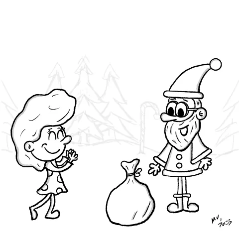 Olly Jolly eCard. Cartoon illustration of a child about to receive holiday Christmases presents from Santa Claus.