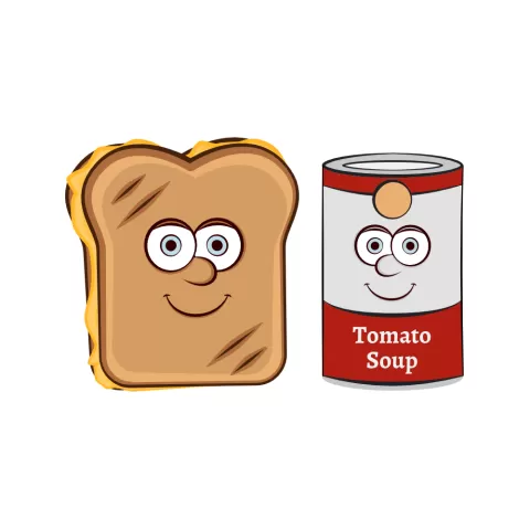 Olly Jolly eCard. Illustration of cooked grilled cheese on bread with a can of tomato soup with cartoon faces.
