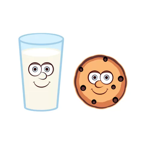 Olly Jolly eCard. Illustration of a glass of milk and a chocolate chip cookie with cartoon faces. 