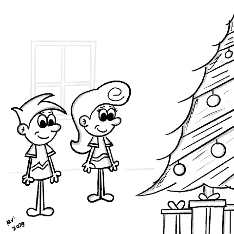 Olly Jolly eCard. Cartoon illustration of two people standing in front of a decorated Christmas or new year tree.