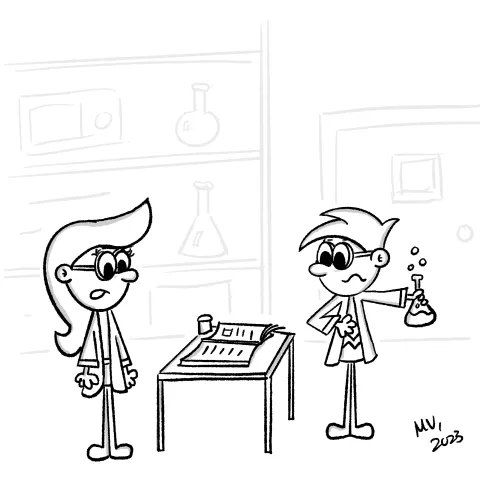 Olly Jolly eCard. Cartoon illustration of two people in a science lab, wearing lab coats in the middle of an experiment, realizing that something went wrong.