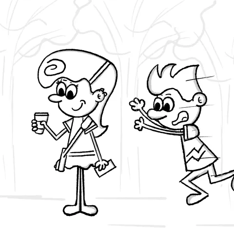 Olly Jolly eCard. Cartoon illustration of a person running towards someone holding a cup of coffee, screaming about something.