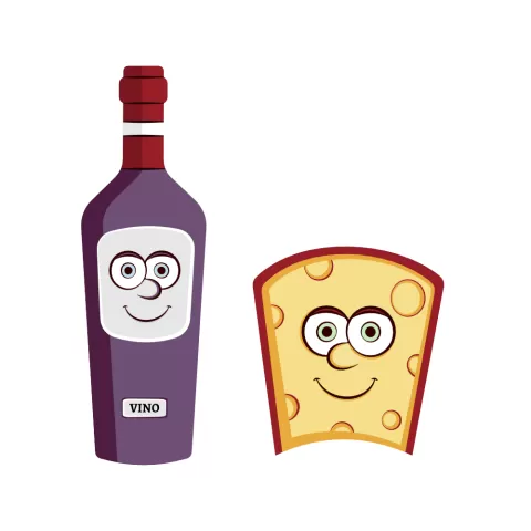 Olly Jolly eCard. Illustration of a bottle of red wine and yellow wedge of cheese with cartoon faces.