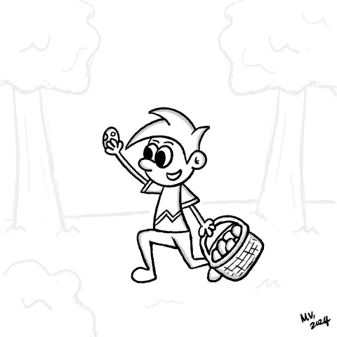 Olly Jolly eCard. Cartoon illustration of cartoon character in a field, on easter collecting easter eggs outside. 