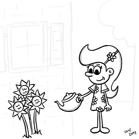 Olly Jolly eCard. Illustration of a cartoon character outside in front of a building watering sunflowers on a nice spring day.