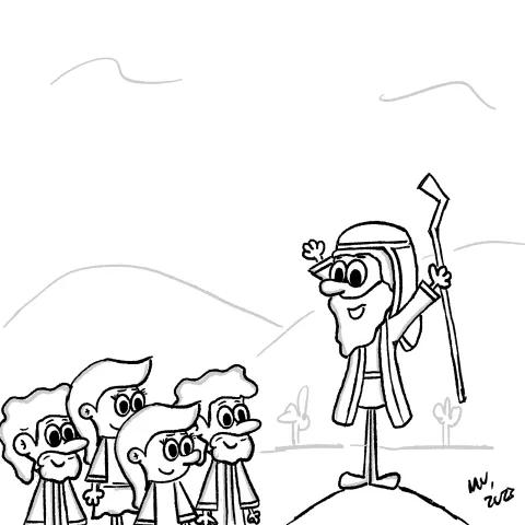 OllyJolly eCard: Passover themed illustration of Moses on a hill speaking to a group of people in the desert.