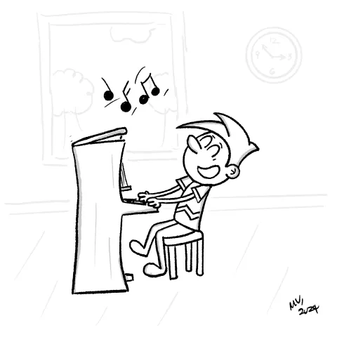 Olly Jolly eCard. Illustration of a cartoon figure happy playing the piano and singing in their home on a sunny day. 