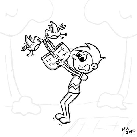 OllyJolly ecard, Illustration of a cartoon character in a park holding onto a picnic basket that is being stolen away from a flock of angry birds, with an exacerbated expression.