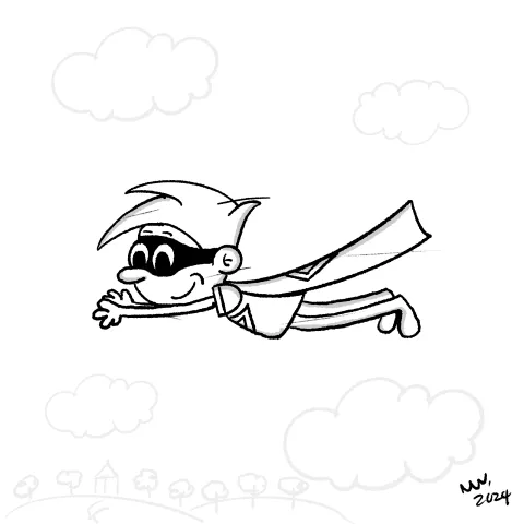 Olly Jolly eCard. Cartoon illustration of a male empowering super hero, with a mask and cape flying in the air. 