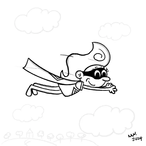 Olly Jolly eCard. Cartoon illustration of a female empowering super hero, with a mask and cape flying in the air. 