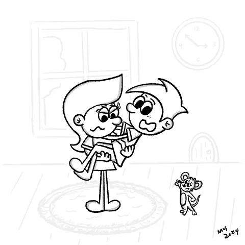 Olly Jolly eCard. Cartoon illustration of a male cartoon character leaps into the hands of a female character with a startled expression upon witnessing a talking mouse. The female cartoon character becomes visibly upset upon spotting a mouse inside the house.