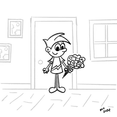 OllyJolly eCard, Illustration of a cartoon person inside a house holding a bouquet of flowers very happy.