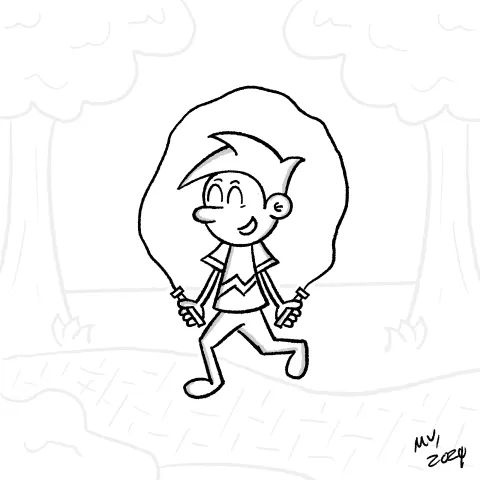 Olly Jolly eCard. Cartoon illustration of a person jumping rope in the park all happy and joyful. 