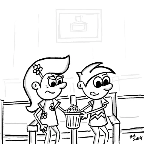 Olly Jolly eCard. Cartoon illustration two people at the movies, with one person eating the others snack.