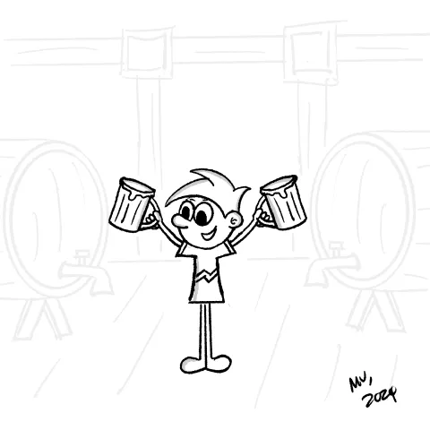 Olly Jolly eCard. Cartoon illustration of a cartoon with two letter glasses of beer in each hand at Oktoberfest.