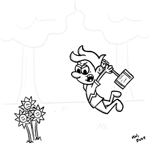 Olly Jolly eCard. Cartoon illustration of a cartoon character outside with a hammer jumping up in the air with an angry expression towards a set of flowers.