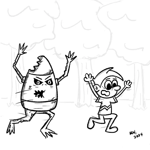 Olly Jolly eCard. A menacing halloween candy corn monster chases a terrified screaming cartoon character through an eerie scary forest.