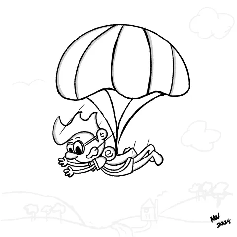 Olly Jolly eCard. Cartoon illustration of a cartoon character free falling from the sky screaming with an open parachute. 