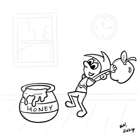 Olly Jolly eCard. Illustration of a cartoon character with a very large apple dumping it in a big pot of honey in celebrating Rosh Hashanah.
