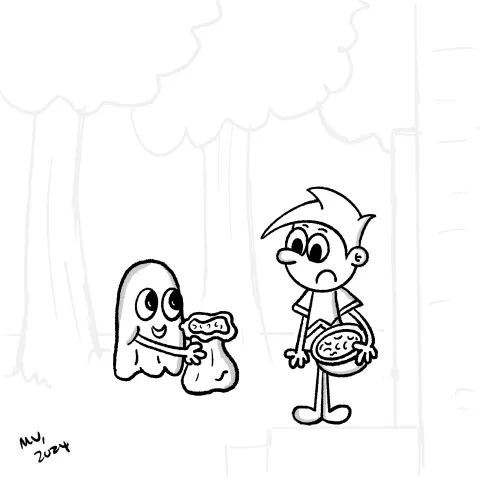 Olly Jolly eCard. Cartoon illustration of a ghost trick-or-treating at a door with a bag asking for candy with another cartoon character that is a bit confused as it may be a ghost.