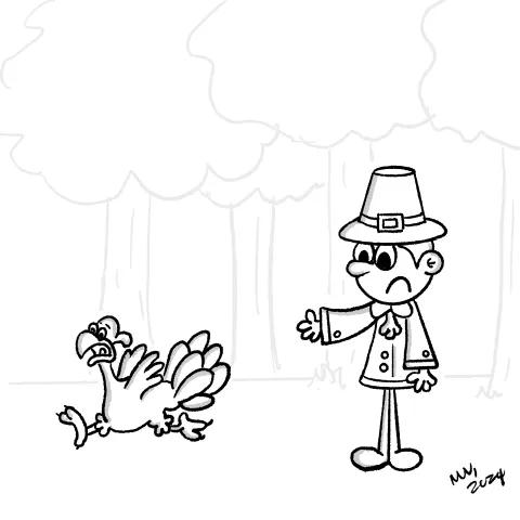 OllyJolly eCard Cartoon illustration of a thanksgiving pilgrim and a scared turkey running away.