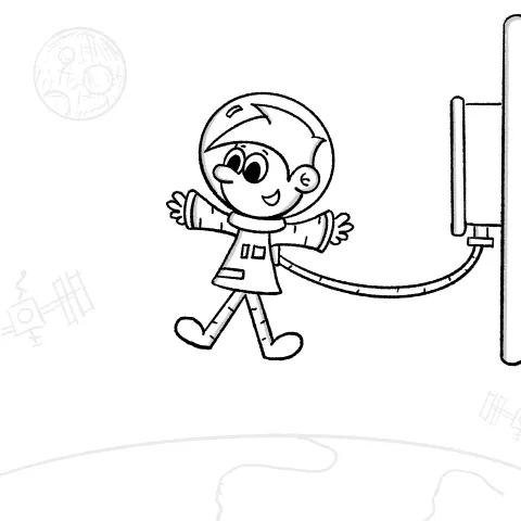 Olly Jolly eCard. Cartoon illustration of an astronaut in space floating above the earth, happy in a space suite. 