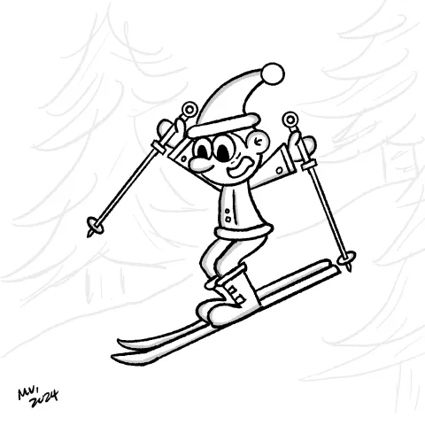 Olly Jolly eCard. Cartoon illustration of a cartoon character Skiing down a mountain with a shocked expression. Outside down a snowy mountain. 