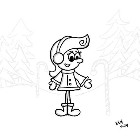 Olly Jolly eCard. Cartoon eCard illustration of a cartoon female character outside in the cold winter surrounded by snow wearing a coat and earmuffs all warm and happy. 