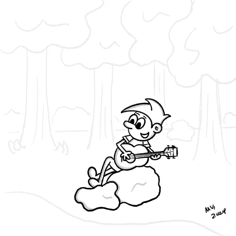 Olly Jolly eCard. Illustration of cartoon character sitting outside on a rock in the woods strumming a guitar and singing. 
